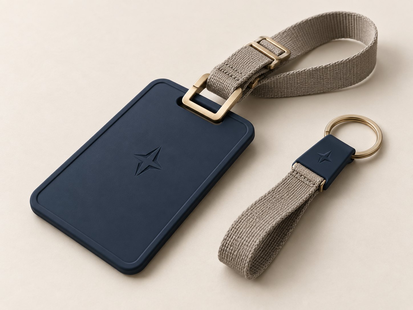 Branded product with silicone, textile and metal hardware in neutral tones
